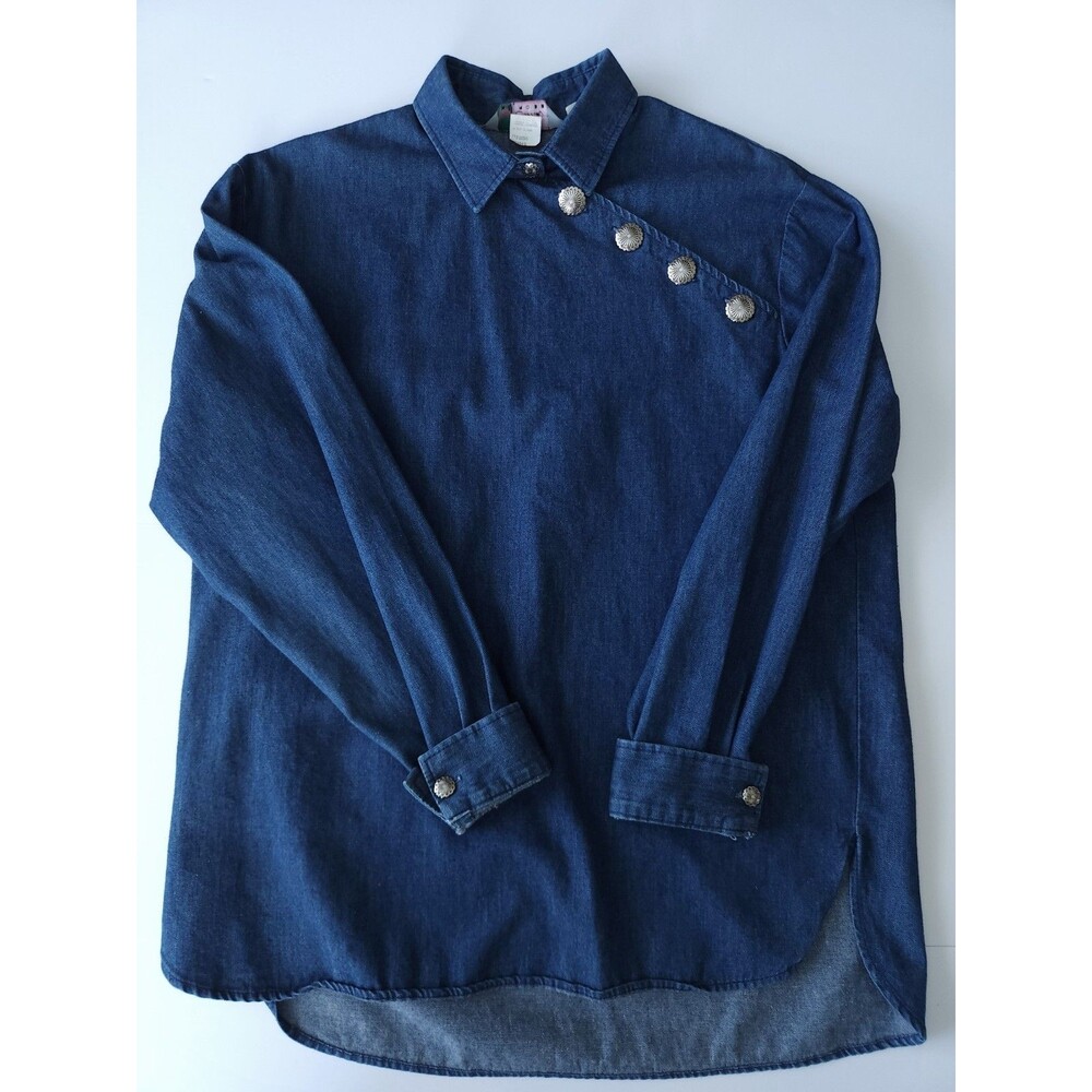 Vintage Cameo Rose Made in USA Western Denim Shirt Size 15/16 XL Asymmetrical